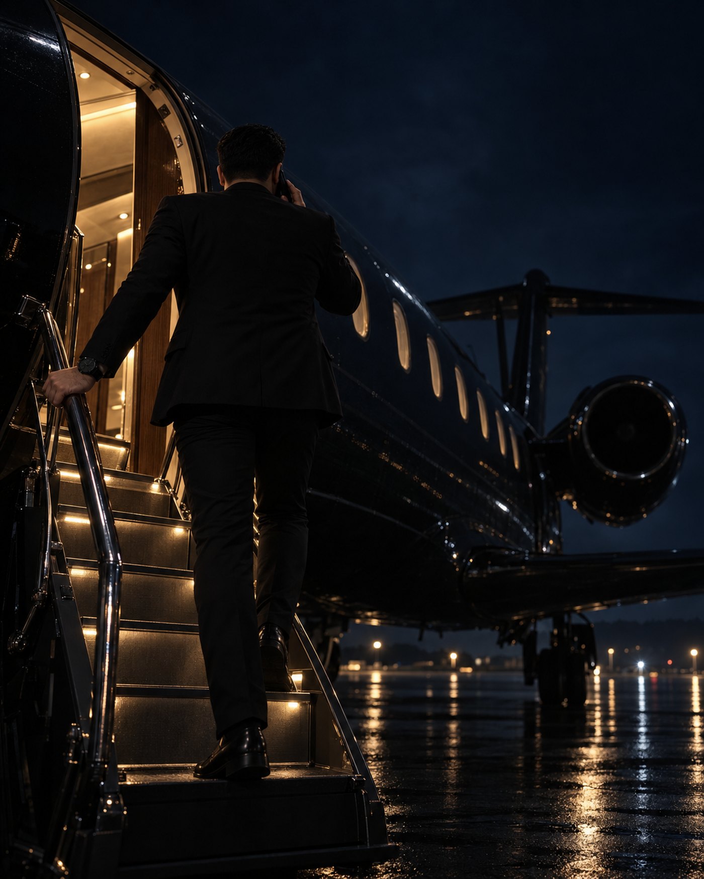 From behind, on a phone call, boarding a dark private jet at night