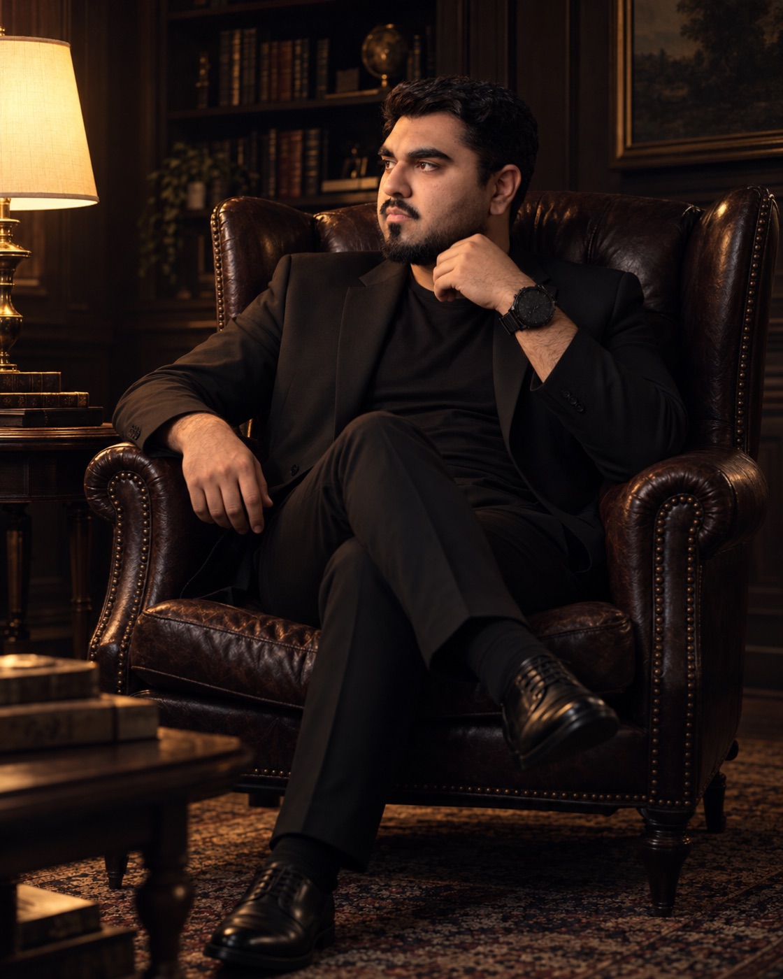 Seated in a wingback chair in a dark wood-panelled room
