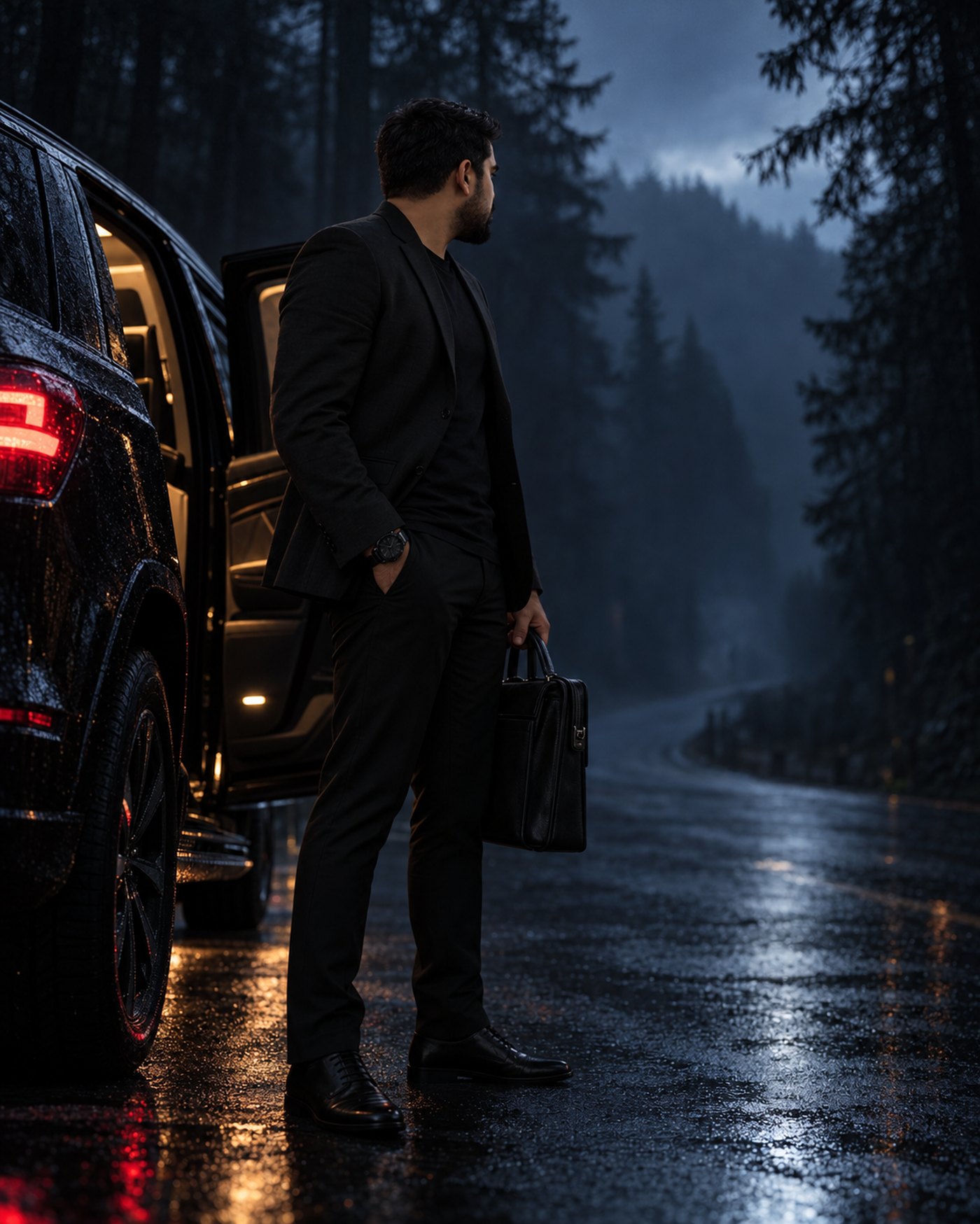 Beside a black SUV on a forest road at dusk, looking away