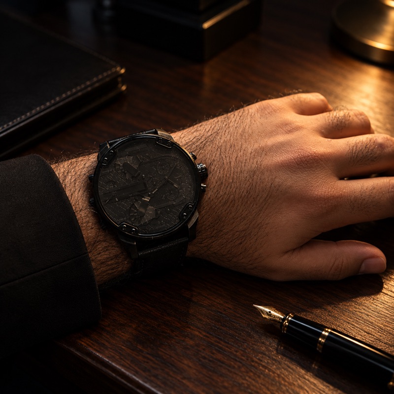 Hand with a black chronograph on a dark desk